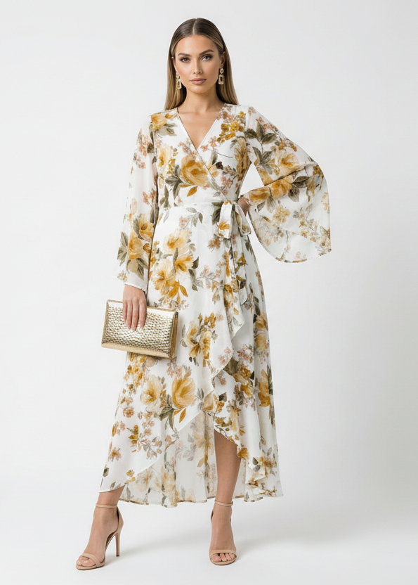 The Golden Petal Wrap Dress